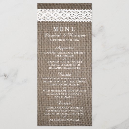 Rustic Burlap & White Lace Wedding Menu (Voorkant)