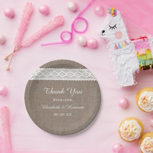 Rustic Burlap & White Lace Wedding Papieren Bordje (Feest)