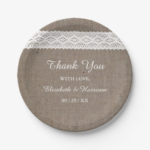 Rustic Burlap &  White Lace Wedding Papieren Bordje