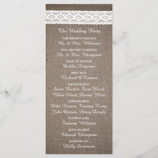 Rustic Burlap & White Lace Wedding Programme Programma (Achterkant)