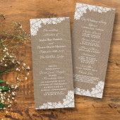 Rustic Burlap &  White Lace Wedding Programme Reclamekaart