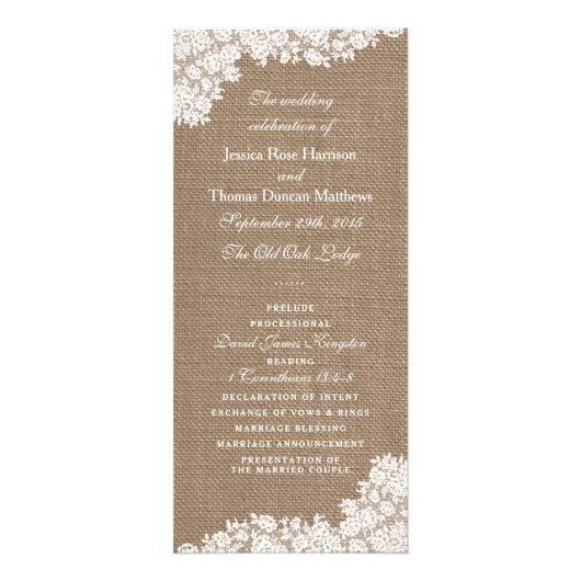 Rustic Burlap &  White Lace Wedding Programme Reclamekaart (Voorkant)