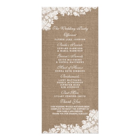 Rustic Burlap &  White Lace Wedding Programme Reclamekaart (Achterkant)