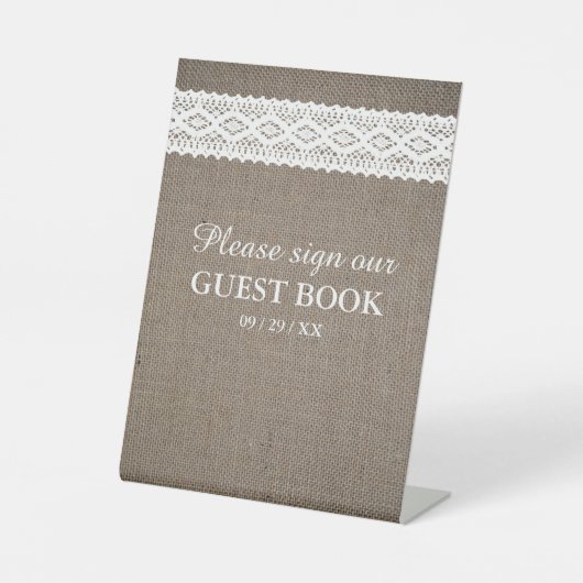 Rustic Burlap &  White Lace Wedding Reclamebord Met Voetstuk (Voorkant)