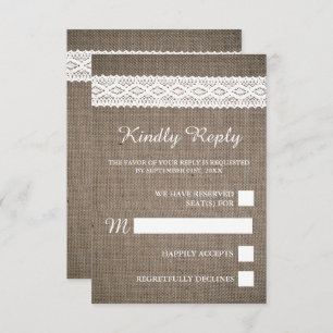Rustic Burlap &  White Lace Wedding RSVP Kaartje
