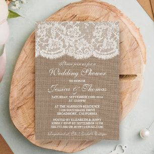 Rustic Burlap &  White Lace Wedding Shower Kaart