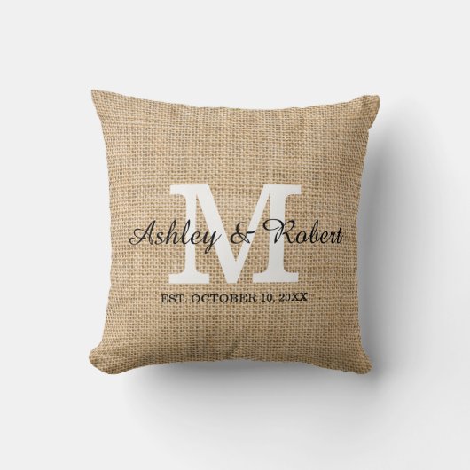 Rustic Burlap White Monogram Wedding Keepslag Kussen (Voorkant)