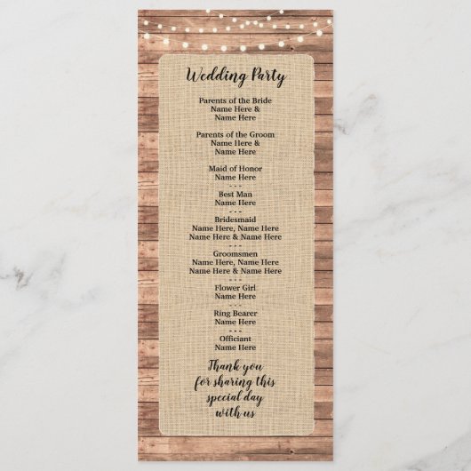 Rustic Burlap Wood Lights Wedding Programme Programma (Achterkant)