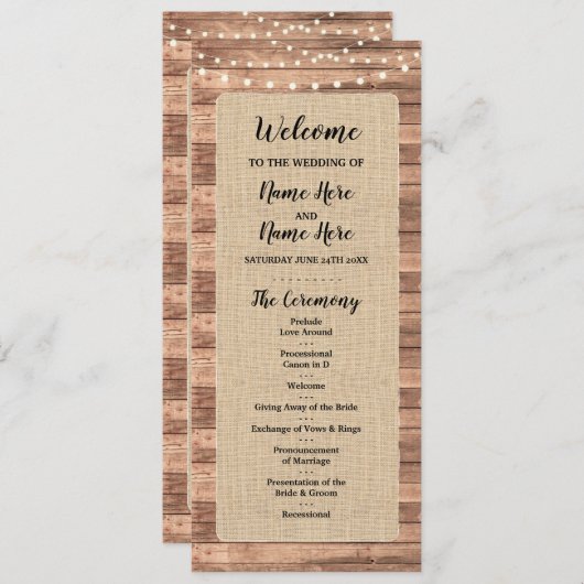 Rustic Burlap Wood Lights Wedding Programme Programma (Voorkant / Achterkant)