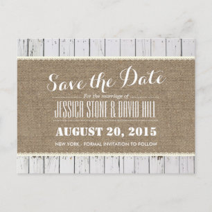 Rustic Burlap & Wood Stripes Wedding Save the Date Aankondigingskaart