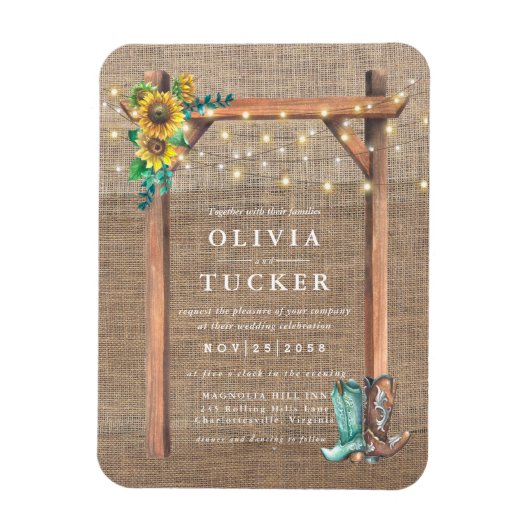 Rustic Burlap Wood Sunflower Wedding Invite Magneet (Verticaal)