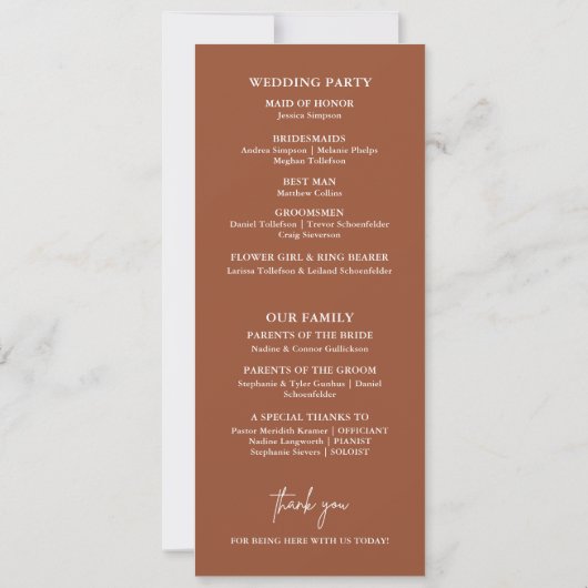 Rustic Burnt Orange Simple Boho Wedding Programme (Dos)