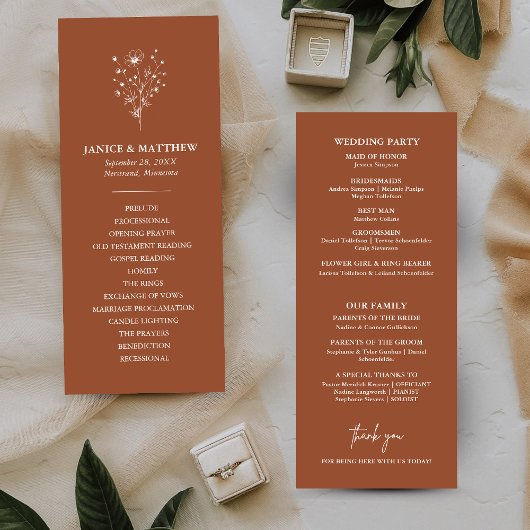 Rustic Burnt Orange Simple Boho Wedding Programme
