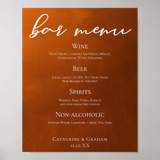 Rustic Burnt Oranje Simple Autumn Wedding Bar Menu Poster (Voorkant)