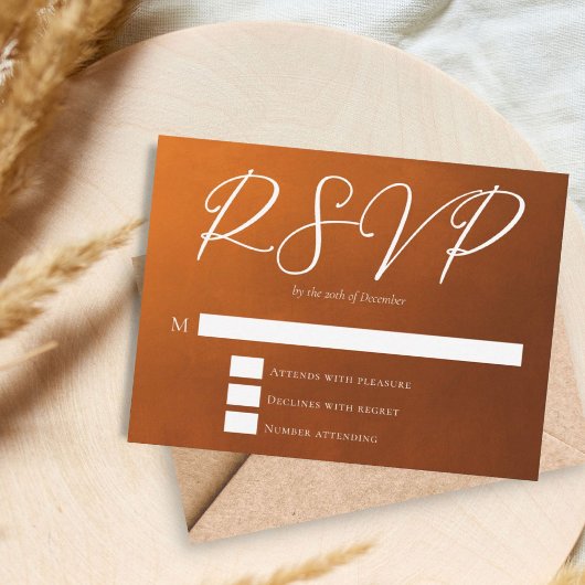 Rustic Burnt Sinaasappel Typography najaar Wedding RSVP Kaartje