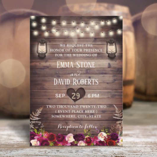 Rustic Burugndy Flowers & Lantern Fall Wedding Kaart