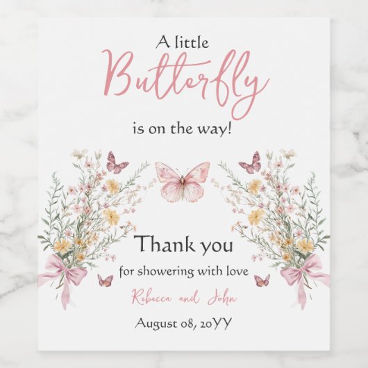Rustic Butterfly Wildflower Floral Baby shower Wijn Etiket (Enkel label)
