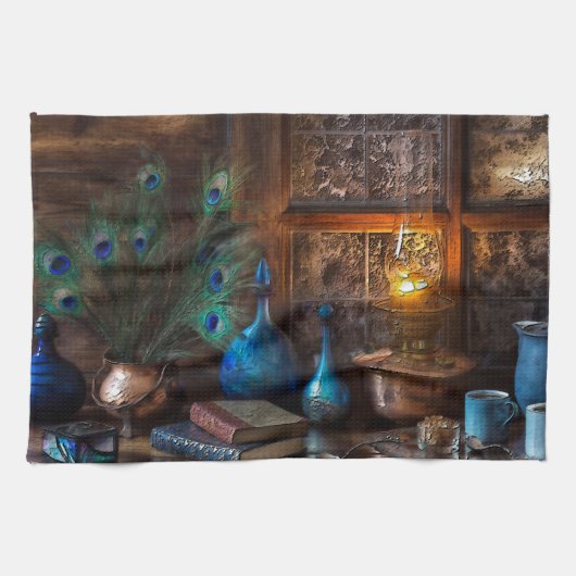 Rustic Cabin by lamplight scene bruin blauw Theedoek (Horizontaal)