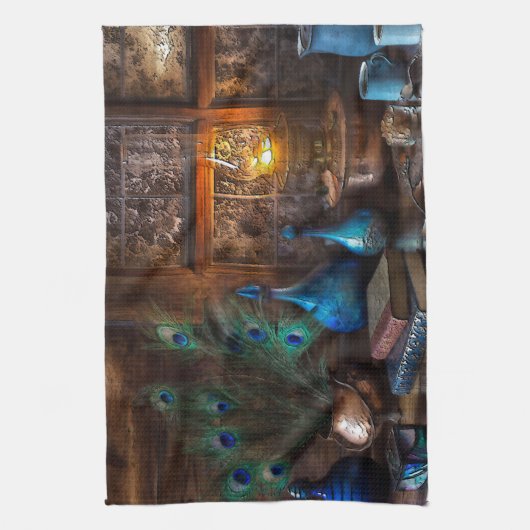 Rustic Cabin by lamplight scene bruin blauw Theedoek (Verticaal)