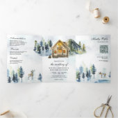 Rustic Cabin Lodge Mountain Forest QR Code Weddens Drieluik Uitnodiging (Binnen)