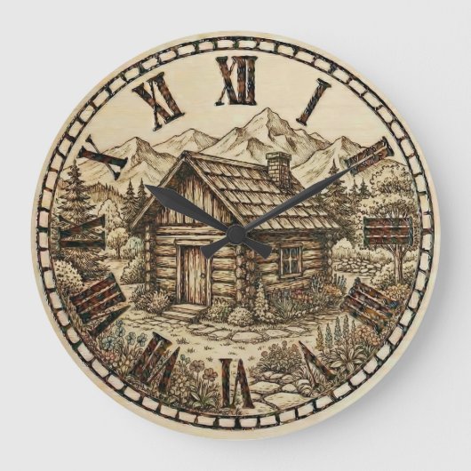Rustic Cabin Wall Clock – Mountain Lodge style  Grote Klok (Voorkant)