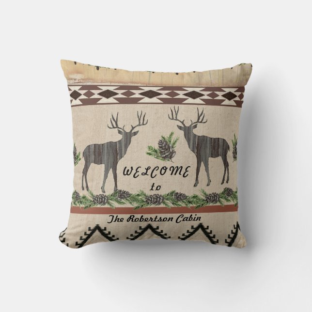 Rustic Cabin Welkomstnaam Deer Antlers Pine Kussen (Voorkant)