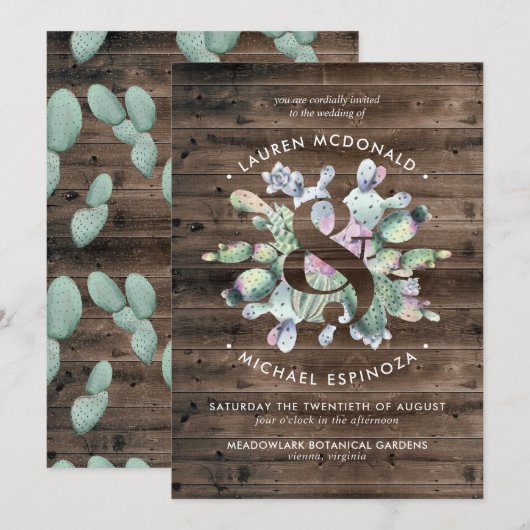 Rustic Cactus & Barnwood Wedding Invitation Kaart (Voorkant / Achterkant)