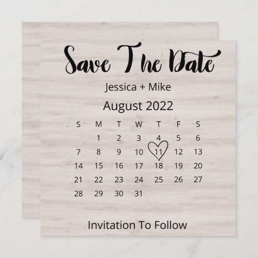 Rustic Calendar August Wedding Flat Save the Date (Voorkant / Achterkant)