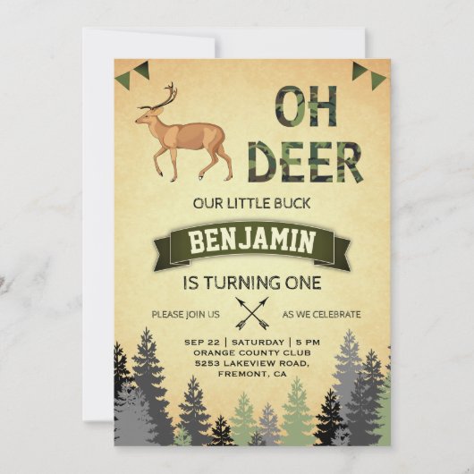Rustic Camo Deer Chasse Première Invitation Annive (Devant)