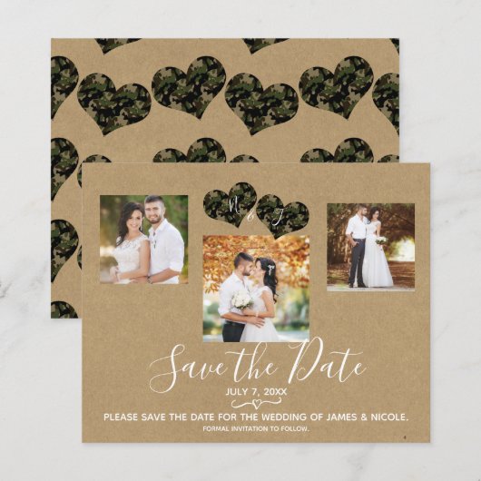 Rustic Camo Hearts Photo Wedding Save the Date (Voorkant / Achterkant)