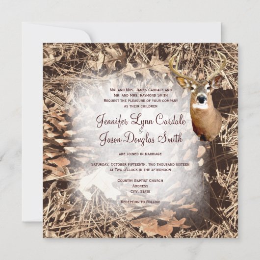 Rustic Camo Hunting Deer Antlers Wedding Invites Kaart (Voorkant)
