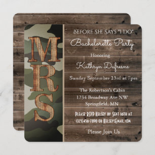 Rustic Camouflage Bachelorette Party Invitation Kaart