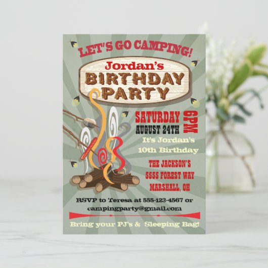 Rustic Camping Invitations de fête d'anniversaire (Debout devant)
