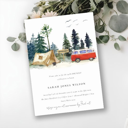 Rustic Camping Waterverf Pine Forest Birthday Kaart