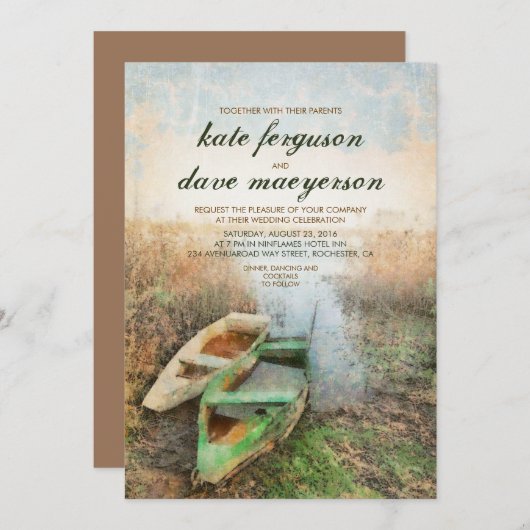 Rustic Canoe Waterfront Invitations de mariage (Devant / Derrière)