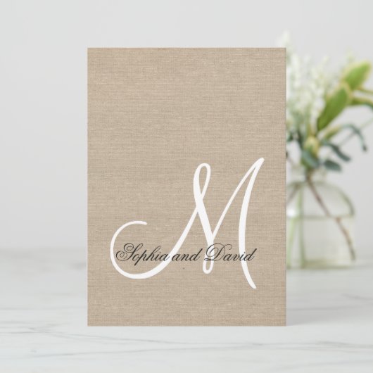 Rustic Canvas Wedding Monogram Initiaal Uitnodigin Kaart (Staand voorkant)