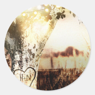 Rustic Carved Tree & String Lights Country Wedding Ronde Sticker