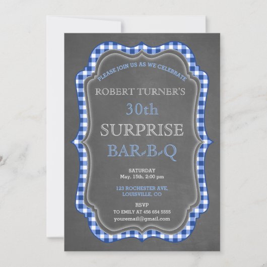 Rustic Chalk En vichy Surprise Invitation BBQ Anni (Devant)