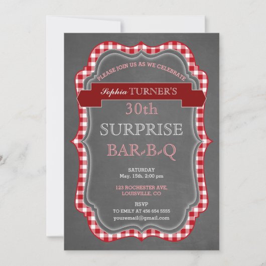 Rustic Chalk En vichy Surprise Invitation BBQ Anni (Devant)
