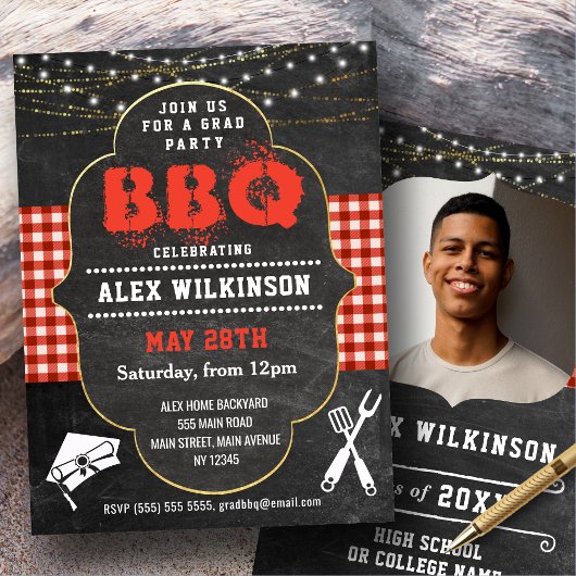 Rustic Chalkboard BBQ Party Afstuderen Foto Kaart