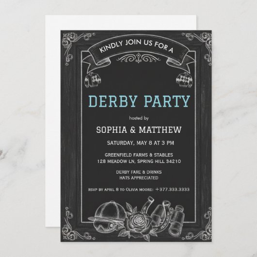 Rustic Chalkboard Derby Party Invitation (Devant / Derrière)