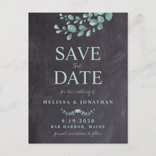 Rustic Chalkboard Eucalyptus Greenery Save the Da Aankondigingskaart (Voorkant)