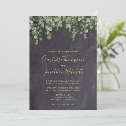 Rustic Chalkboard Eucalyptus Greenery Wedding Kaart (Staand voorkant)