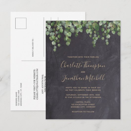 Rustic Chalkboard Eucalyptus Greenery Wedding Uitnodiging Briefkaart (Voorkant / Achterkant)