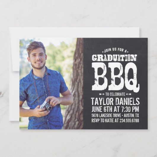 Rustic Chalkboard Graduation Photo BBQ Invitation (Devant)