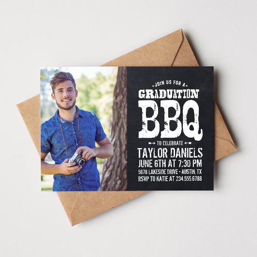 Rustic Chalkboard Graduation Photo BBQ Invitation