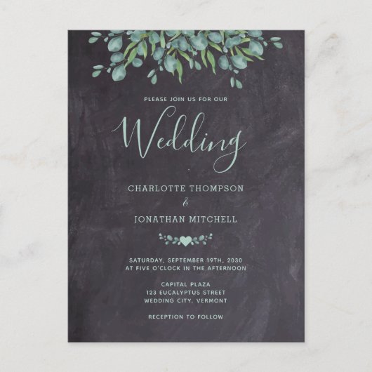 Rustic Chalkboard Greenery Eucalyptus Wedding Uitnodiging Briefkaart (Voorkant)