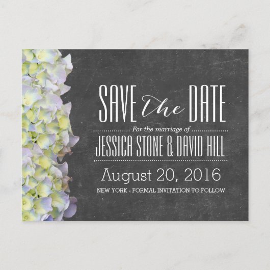 Rustic Chalkboard Hydrangea Wedding Save the Date Aankondigingskaart (Voorkant)