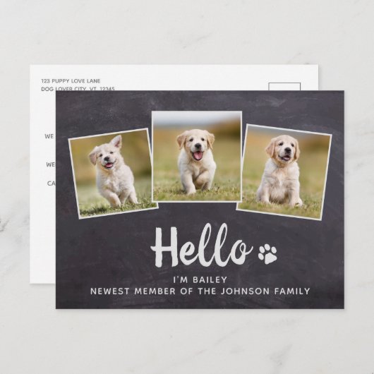 Rustic Chalkboard New Pet Photo Hallo Puppy Dog Aankondigingskaart (Voorkant / Achterkant)