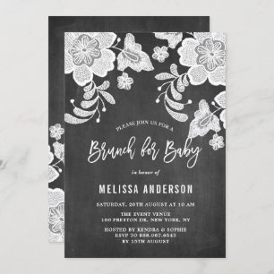 Rustic Chalkboard White Floral Lace Baby Brunch Kaart